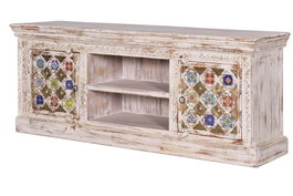 GINER Y COLOMER Mueble de TV de madera de mango con detalles en cerámica y bronce, Blanco envejecido